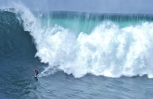 Big wave surfing on Aileen's Wave off the coast of Co. Clare